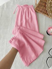 SHEIN Tween Girl Casual Minimalist Comfortable Mid-Rise Straight Leg Versatile Long Pants - Pink - View 1