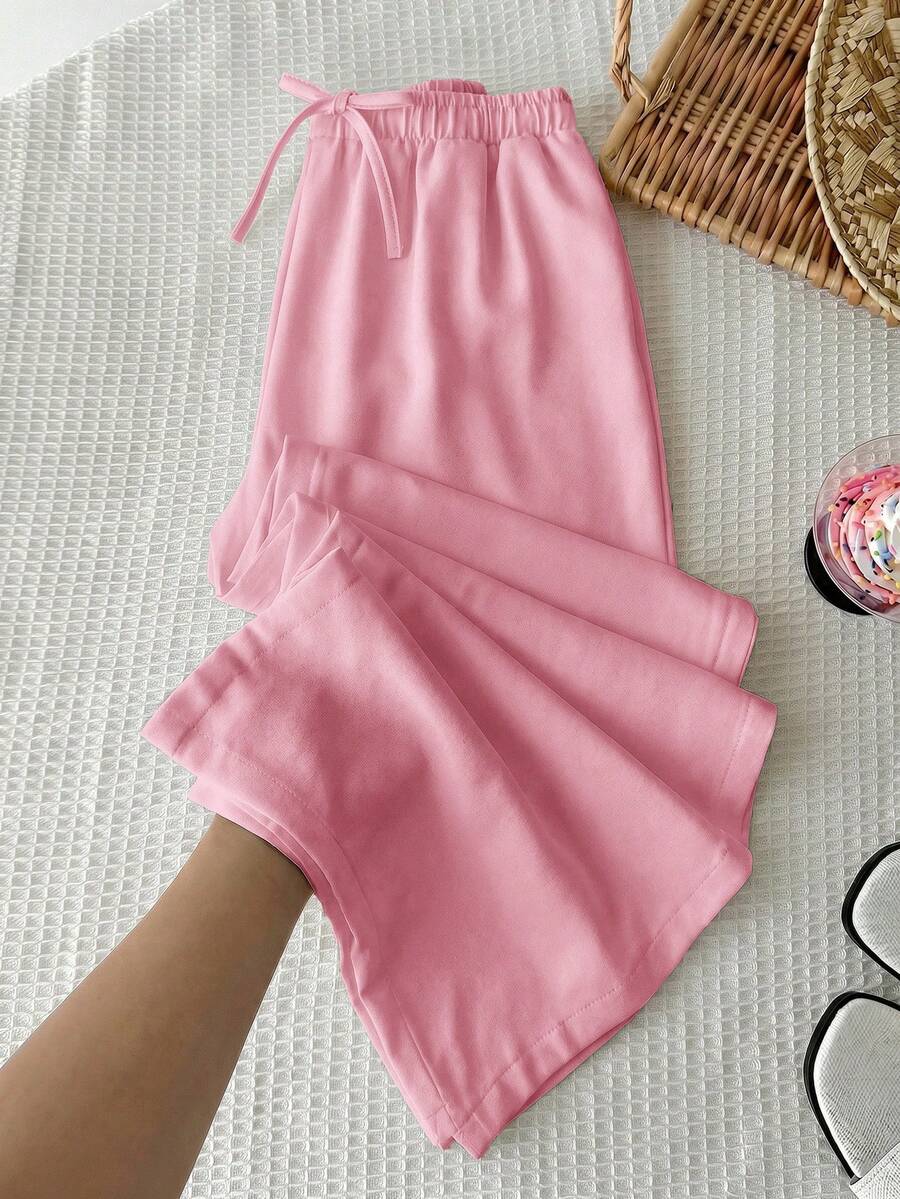 SHEIN Tween Girl Casual Minimalist Comfortable Mid-Rise Straight Leg Versatile Long Pants - Pink - View 1