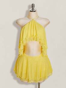 SHEIN ICON Multi-Layer Ruffle Halter Neck Backless Women's Mini Dress - Yellow - View 2