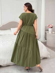 Modelyn Plus Size Women's Fashion Versatile Elegant Casual Round Neck Polka Dot Dress - Army Green - View 2