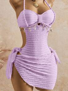 Bellisia 26SS Spring/Summer Vacation Apricot Vintage Square Neck Slimming Braided Rope Starfish Shell Halter One-Piece Top & Skirt Swimsuit 2pcs Set - Purple - View 3