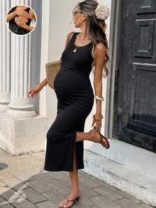 SHEIN Vestido casual de maternidad de unicolor con función de lactancia y abertura - Negro - Ver 3