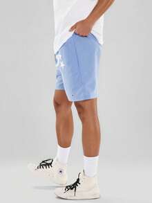 FORM&CHAOS Men's Loose Waist Elastic Waist Printed Light Blue Shorts, Summer - Baby Blue - View 3