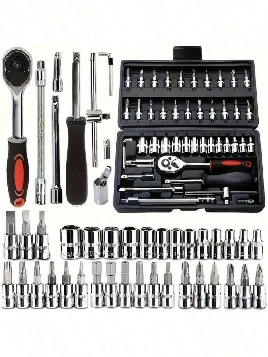 46/115 Pieces Of Silver Aluminum Alloy Hand Push Kit, Car Maintenance Tool Set, Family Manual Tool Set, With Toolbox, Father's Day Gift, Men's Kit, Tools With Toolbox - Repair Tool Kit - View 1