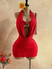 Soleia Women's Cowl Neck Backless Halter Mini Dress,No Breast Pads - Red - View 4