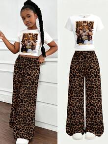 Conjunto de 2 piezas para niña con camiseta ajustada en la cintura y fruncida con estampado de leopardo retro, estilo Y2K, minimalista y casual, y pantalones holgados, adecuado para primavera/verano, uso diario, estilo callejero, salidas, regreso a clases, atuendos de primavera y verano, cómodo y fácil, conjunto casual de verano, niñas con estilo, conjunto de camiseta con gráfico de leopardo retro, moda de primavera y verano, estilo relajado y chic - Multicolor - Ver 9