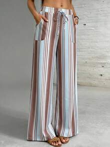 SHEIN Holidaya Women's Elegant Casual Striped Palazzo Pants - Multicolor - View 1