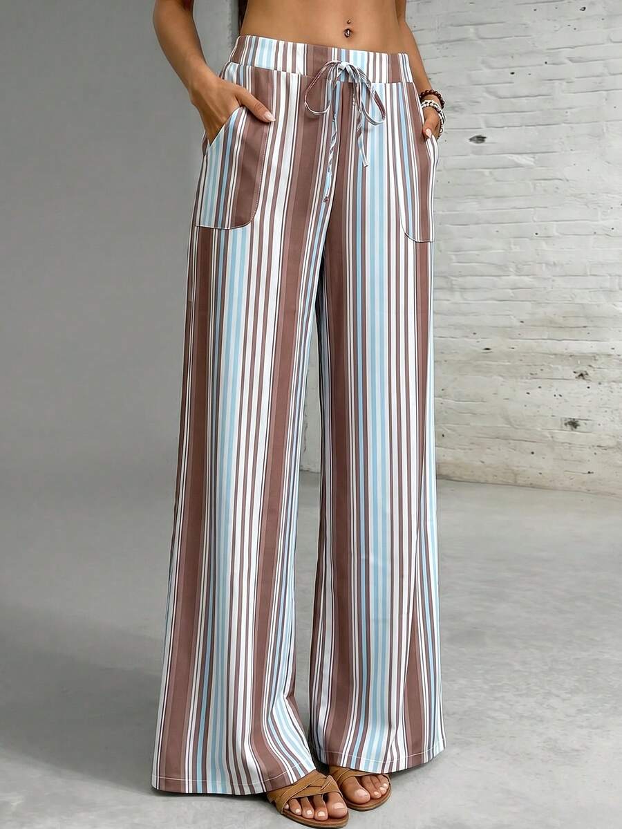 SHEIN Holidaya Women's Elegant Casual Striped Palazzo Pants - Multicolor - View 1
