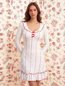 Elorette Romantic Women's Short Dress With Floral Pattern, Bow Decor And Ruffle Hem Long Sleeve Nightgown, Winter - White - View 2