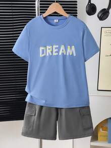 2pcs/Set Boys DREAM Letter Print Short Sleeve Crew Neck Knit T-Shirt & Pocket Cargo Shorts, Spring/Summer Set, Suitable For Summer Outdoor Outings, Comfortable Fabric, Fashionable Fit, New Spring/Summer Style, Suitable For Multiple Seasons And Occasions - Multicolor - View 3