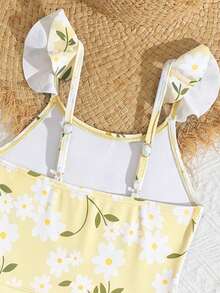 SHEIN Young Girl Cute Plant Floral Print One-Piece Jumpsuit With Ruffle Skirt Set, Fashionable Casual Exquisite, Swimming Vacation Beach - Yellow - View 4