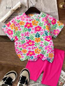Emery Rose Kids Emery Rose Kids 2件組少女休閒花卉印花短袖圓領T恤與短褲套裝，適合夏季穿搭 - 彩色 - 查看 5