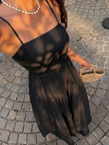 Sunnyshic Peach Textured Fabric Drawstring Pleated Camisole Loose Flattering Vacation Style Sleeveless Dress - Black - View 3