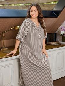 Lacomfia Vestido de tela a rayas de talla grande con ajuste holgado y detalle de encaje patchwork, estilo casual elegante, adecuado para uso diario y reuniones en primavera/verano - Caqui - Ver 5