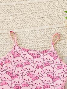Bộ đồ ngủ 2 mảnh cho bé gái mùa hè, áo hai dây và quần short, họa tiết thỏ hoạt hình dễ thương, phong cách đơn giản thời trang, thoải mái, mát mẻ và ngọt ngào, chất mỏng trẻ trung, mặc ở nhà và dạo phố - Hồng - Xem 6