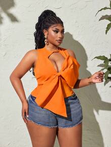 Maweii Sexy Vintage Large Bow Sleeveless Slim Fit Plus Size Women's Blouse - Orange - View 2