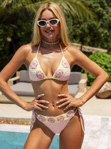 Swim Mod Women's Summer Solid Color Design, Floral-Embroidered Belt, With A Drawstring At The Side. Suitable For Beach Vacation Pink European Tropical - Pink - View 4