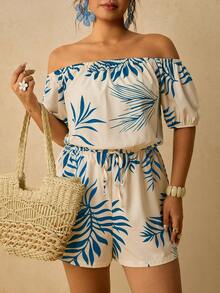 SHEIN VCAY Plus Size Striped & Printed Belted Batwing Sleeve Jumpsuit With Front Button - Blue - View 4