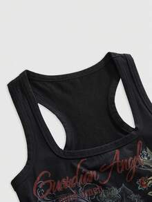 ROMWE Grunge Punk Y2K Hot Girl Retro Tiger Vine Tattoo Print Fitted Racerback Tank Top - Black - View 3
