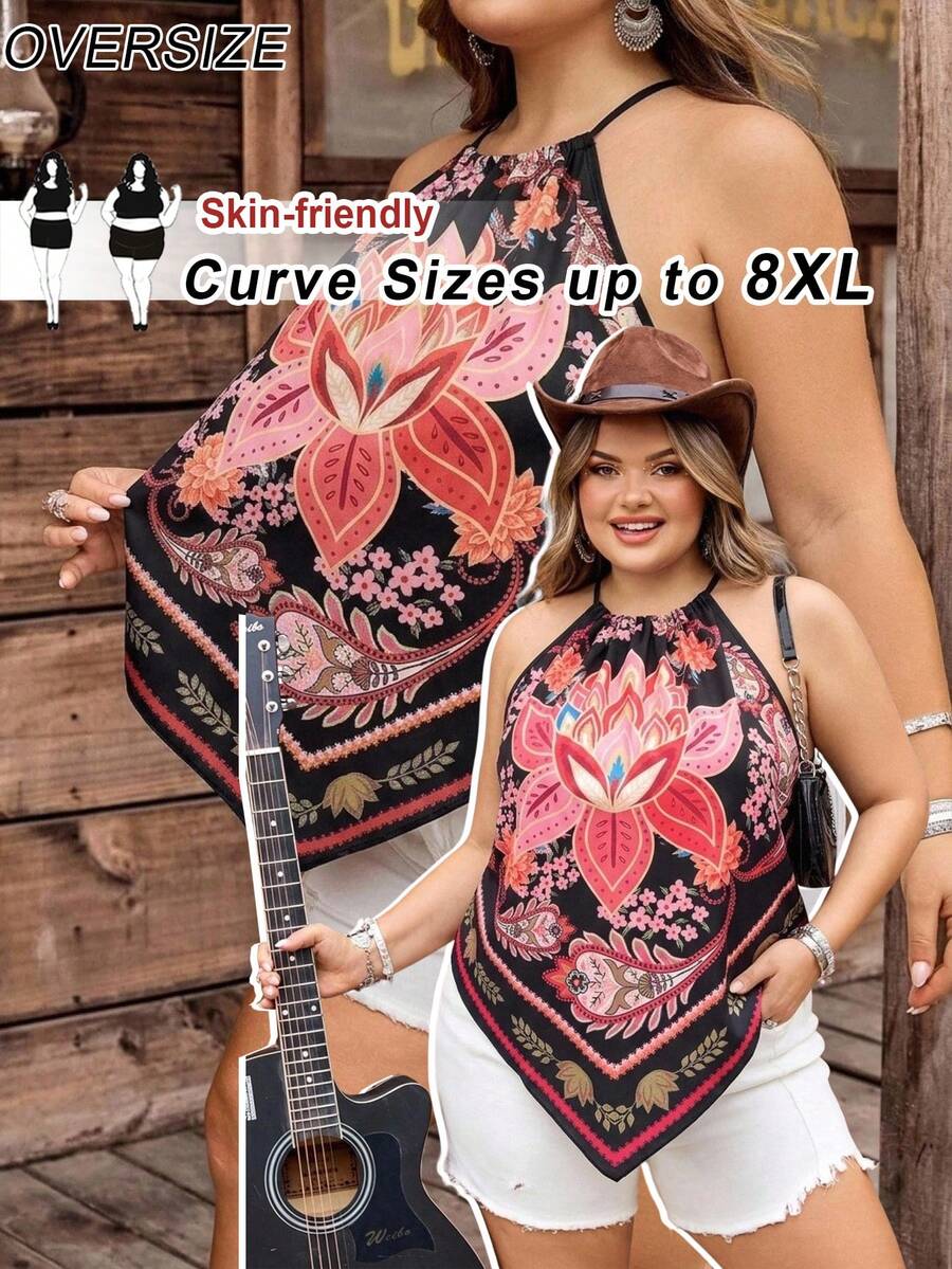 SHEIN CURVE+ 大尺碼女款花卉印花休閒掛脖背心 - 黑色 - 查看 1