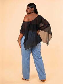 CurvyTilda Plus Size Women Solid Color Asymmetric Neck Summer Vacation Versatile Sexy Country Blouse, For Hourglass Body Shape Clubbing Concert Black - Black - View 2