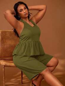 Veslaya Plus Size Solid Color Halter Neck Backless Top And Shorts Casual 2-Piece Set - Army Green - View 8