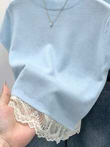 Franclia 女款春季/早春新款套頭針織上衣，黑白條紋拼接蕾絲貼布短袖，慵懶優雅百搭休閒韓法風 - 藍色 - 查看 5