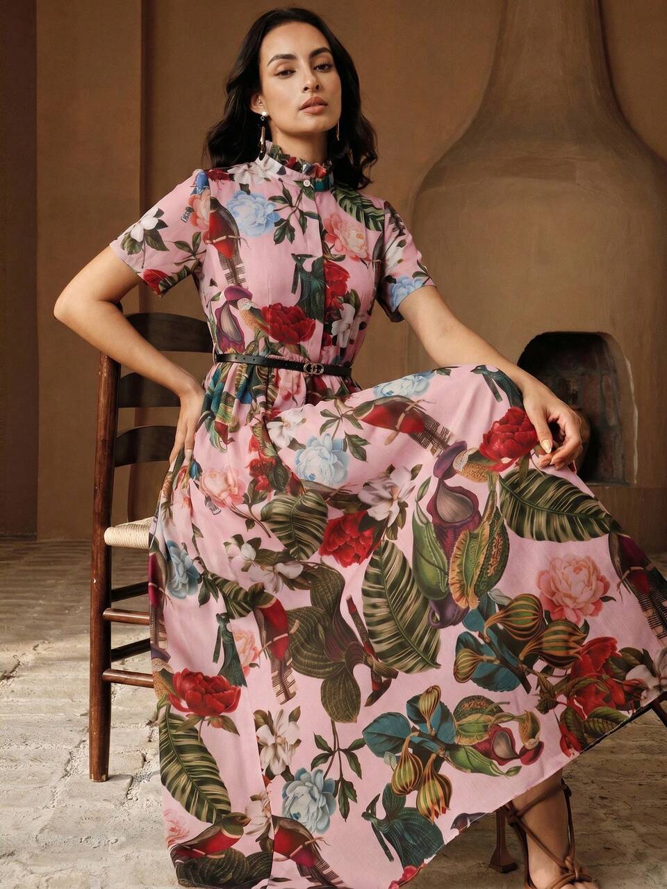 Anewsta Women's New Elegant Boho Vacation Style Small Stand Collar Ruffle Patchwork Summer Floral Print Short Sleeve Waist-Cinched A-Line Long Dress With Belt