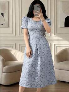 Feyla Plus Size Women's Jacquard Round Neck Short Petal Sleeve Elegant Dress Wedding Light Blue Summer - Blue - View 5