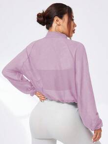 Dewbera Dewbera 女款運動高領透視性感外套，附口袋，休閒運動跑步健身戶外活動長袖外套 - 淡紫色 - 查看 3