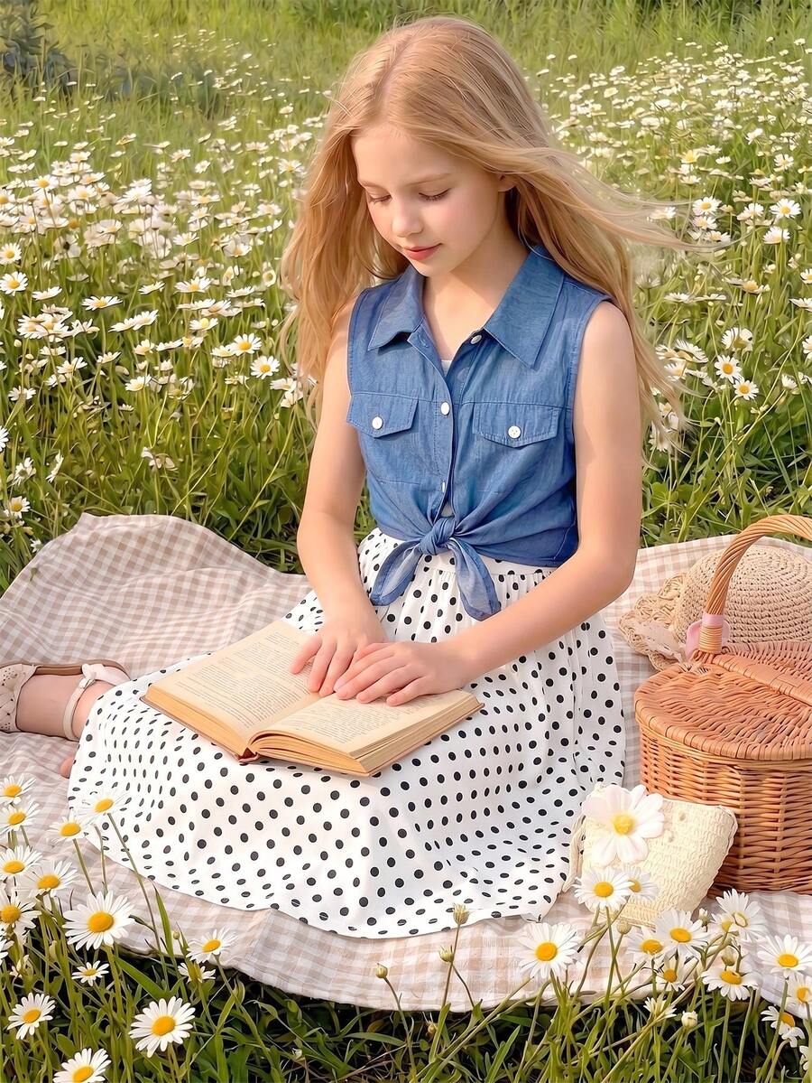 Sparklyn 2件組 青少女牛仔背心 & 黑色圓點細肩帶洋裝 春夏套裝 - 藍色 - 查看 1