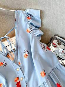 SHEIN LUNE CURVE Women's Plus Size Hooded Print Chiffon Blouse, Casual Open Front Vacation Style, Versatile Choice For Spring, Autumn And Summer - Dusty Blue - View 3