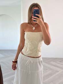 Opulessa Spring/Summer Vacation Solid Color Woven Bandeau Top For Women - Apricot - View 5