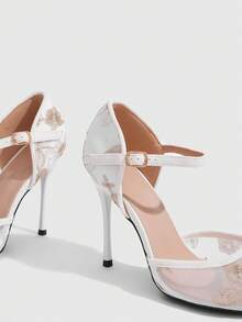 CUCCOO CHICEST Mesh Gold Thread Embroidered Pointed Back Empty Stiletto Sandals, New Chinese Style, Banquet High Heels - White - View 4