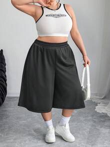 SHEIN CURVE+ 大尺碼休閒超寬版3/4長度運動短褲，春/夏，Curve Plus，Hoho度假款 - 深灰色 - 查看 4