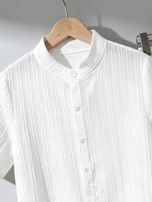 Teen Boy All White Mandarin Collar Long Sleeve Shirt And Casual Cute Teen Baggy Pants Set, Solid Outfit For Daily Wear, Outdoor, Prom Party Sixth Form - White - View 6