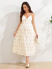 SHEIN 孕婦度假休閒細肩帶碎花洋裝 - 白色 - 查看 4