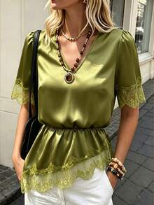 Selianne Women's Spring/Summer Teachers' Day Casual French Elegant V-Neck Contrast Lace Asymmetrical Hem Solid Color Short Sleeve Blouse Work Olive Green - Green - View 4