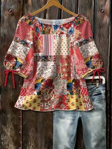 EMERY ROSE Kemeja Lengan 3/4 Leher Bulat Tenun Motif Patchwork Gaya Bohemian untuk Musim Gugur - MultiWarna - View 1
