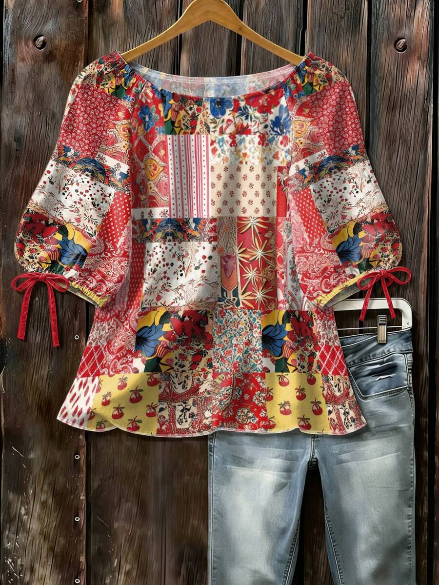 EMERY ROSE Kemeja Lengan 3/4 Leher Bulat Tenun Motif Patchwork Gaya Bohemian untuk Musim Gugur - MultiWarna - View 1