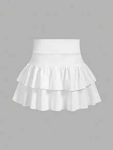 2 paquetes de minifalda de punto de unicolor con volantes en capas y pantalones cortos integrados para niñas preadolescentes, Y2K, niñas con personalidad de moda, regreso a la escuela - Multicolor - Ver 10
