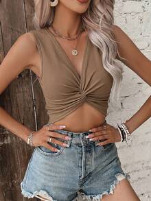 SHEIN Frenchy Solid Color Deep V-Neck Twist Knot Ruched Summer Casual Tank Top - Brown - View 5