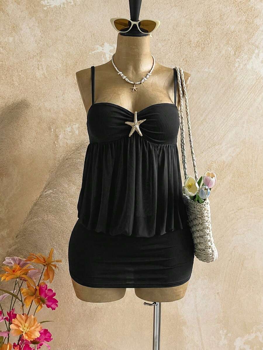 Soleia 女款春夏浪漫性感度假洋裝,薄荷綠/藍色細肩帶搭配金屬海星裝飾,水母下擺,修身迷你洋裝,適合熱帶假期、約會、下午茶、海灘、郵輪、公路旅行、城市度假、音樂節、派對、波希米亞風、嘉年華,無胸墊 - 黑色 - 查看 1