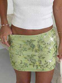 Glamine Women's Vacation Fashion Shiny Sequin Mini Skirt Floral Embroidery Romantic Girlisim Edgy Feminine Style Beach Golf Parties Summer - Green - View 4
