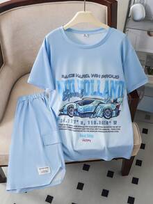 2pcs/Set Teen Boys Casual Racing Slogan Print Short Sleeve Crew Neck T-Shirt & Loose Fit Cargo Shorts Set, Comfortable And Fashionable, Suitable For Daily, Commuting And Travel Occasions - Baby Blue - View 4