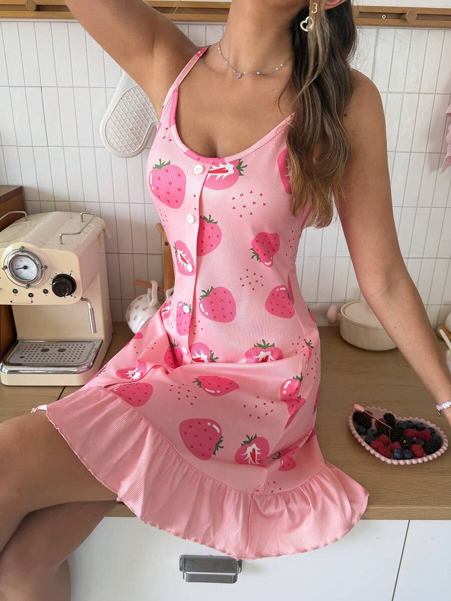 SweetSlumber Sweet Cute Ins Strawberry Print Ruffle Trim Camisole Women's Nightgown - Watermelon Pink - View 1