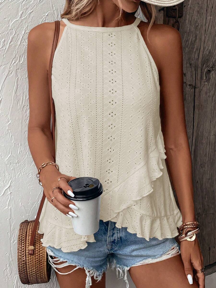 EMERY ROSE Women's Solid Color Ruffle Trim Tank Top For Vacation And Casual Wear - Beige - View 1