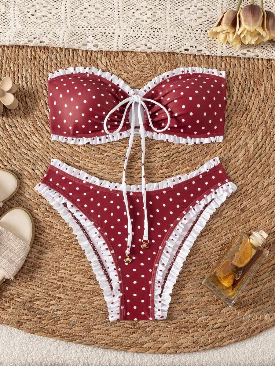 Swim Mod 女款夏季新款海灘泳裝甜美性感時尚極簡三角比基尼綁帶露背套裝可愛花卉紋理面料海灘印花適合夏季海灘度假2件組 - 彩色 - 查看 1