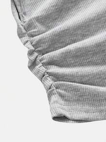 Tween女孩時尚休閒新款秋冬長流蘇兩件套灰色羅紋紋理修身上衣與喇叭褲套裝，春秋返校校園穿搭套裝 - 灰色 - 查看 4