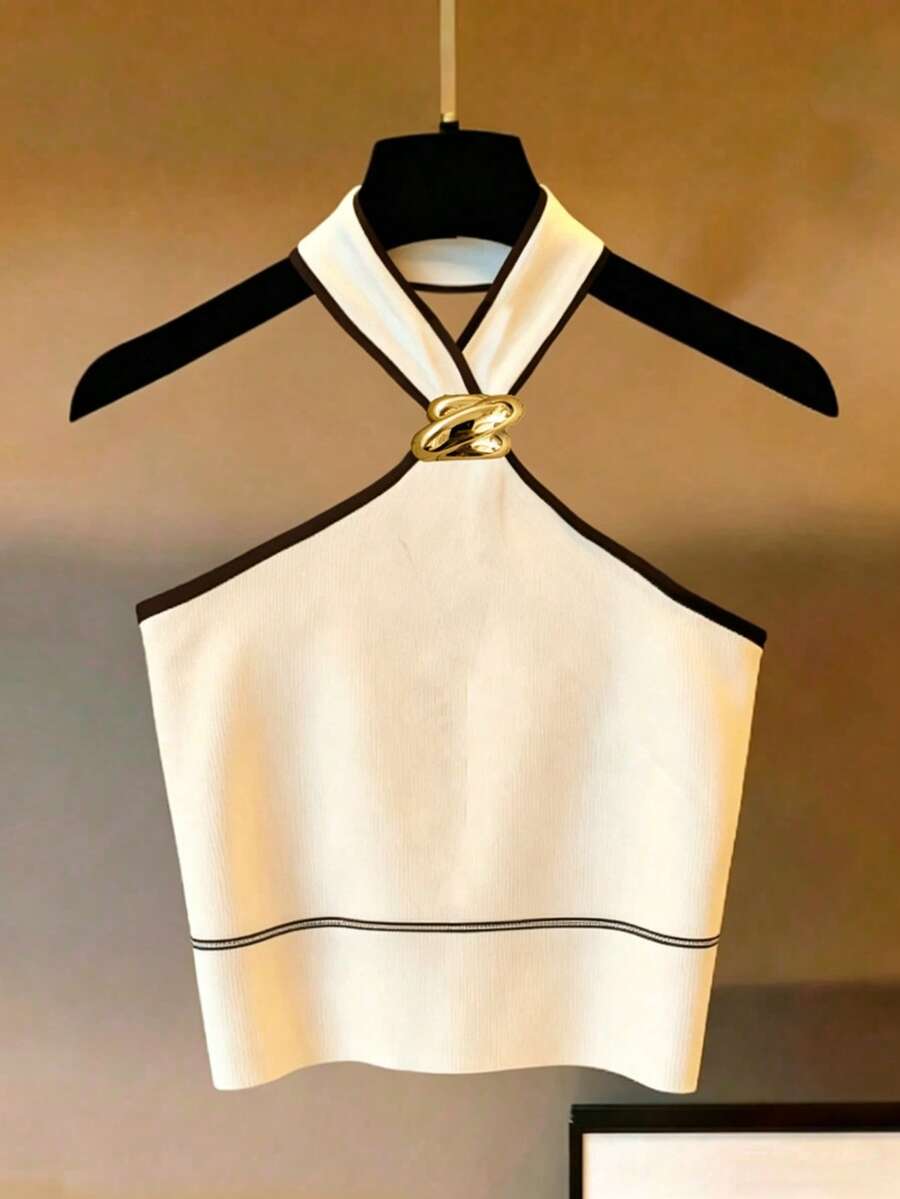 Franclia 白色露背金属装饰纽扣黑色滚边上衣。适合海滩穿着，春夏季节、办公室休闲、百搭、圣诞节、新年、日常休闲优雅、都市教师制服、白衬衫、夏季上衣、假日、度假 - 杏色 - 查看 1